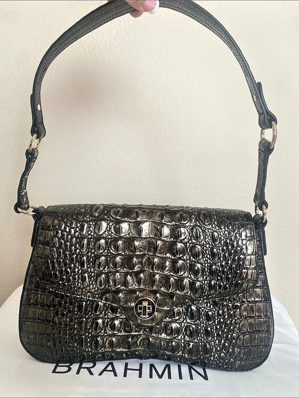 Brahmin Nerida Onyx Sarasota Crocodile-Embossed Shoulder Bag in Black